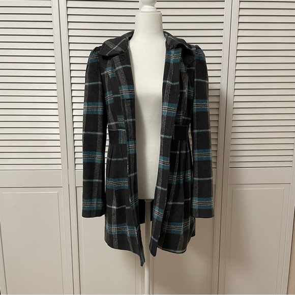 Tulle Anthropologie M Peacoat Plaid Grey Blue J8003F Jacket Coat Pockets - Picture 3 of 16